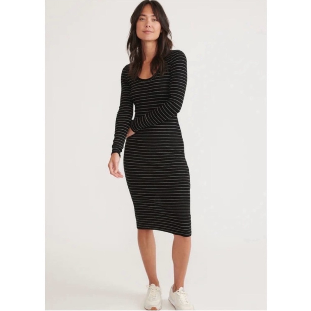 Marine Layer Lexi Rib Long Sleeve Midi Dress in Black Strip, Size Women’s Large